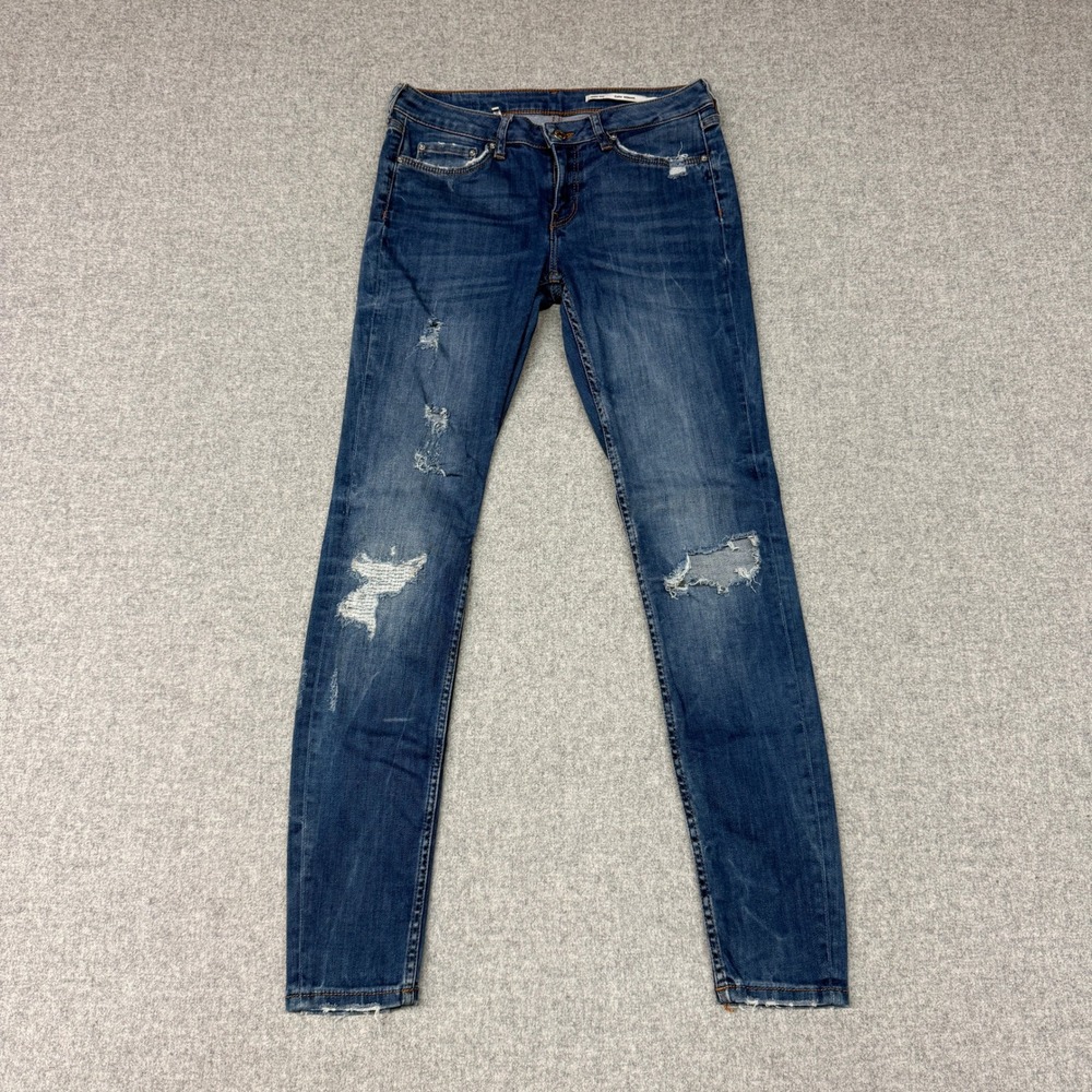Zara Woman Slim Distressed Jeans 28 Blue Ripped Frayed Hem Mid Rise Denim Pants